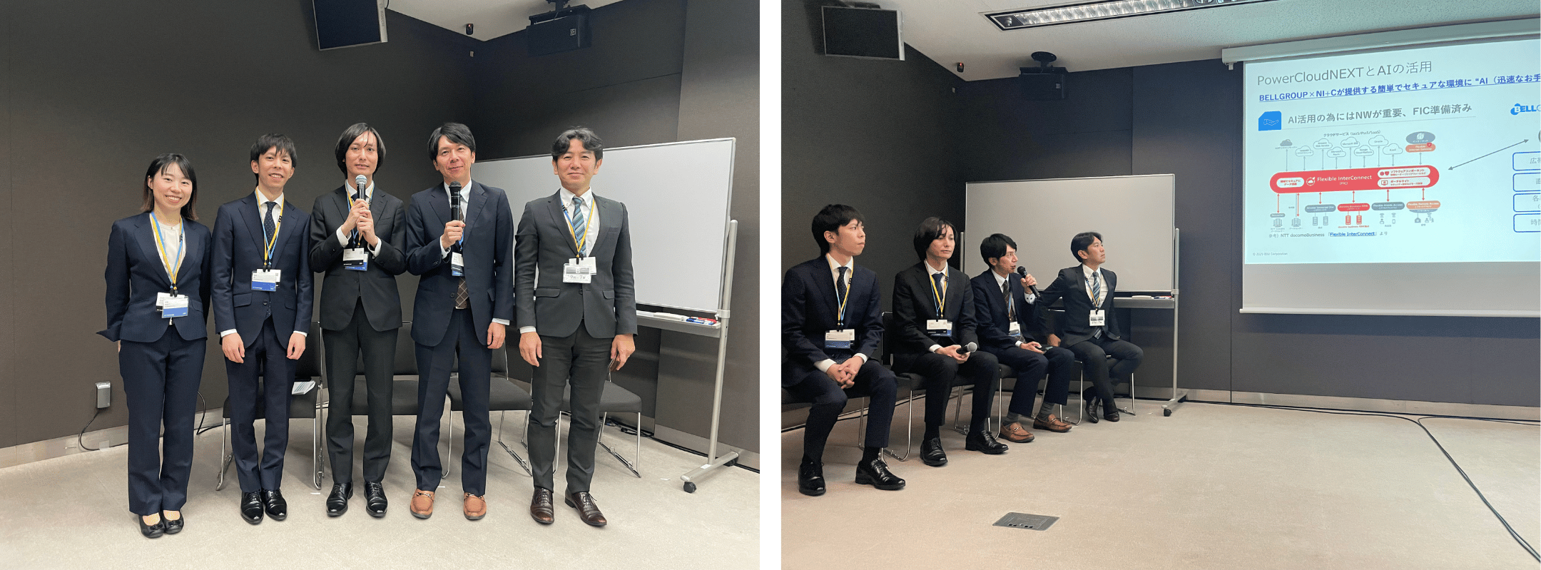 (写真左:左から、NI+C クラウド事業本部 クラウドサービス部の大庭 有紀子氏、宮田 要氏、久保田 怜氏、<br />ベル・データ サービス&サポート本部の大矢 勝士、蓮沼 克典)